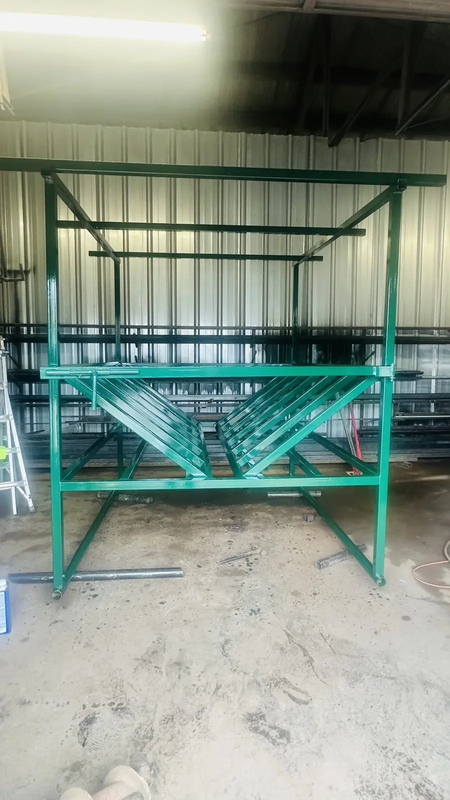 Steel frame under fabrication in the Aesthetic Gates & Fence shop in Navarro County, Texas